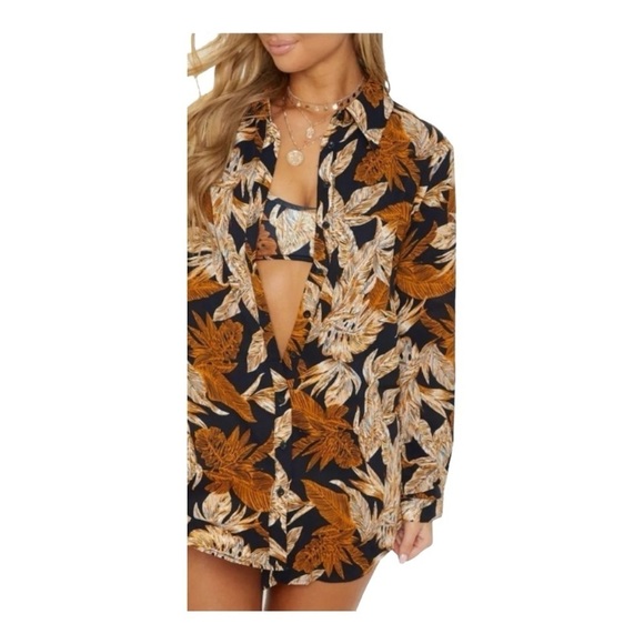 PLT Black Palm Leaf Print Beach Shirt - Picture 4 of 10